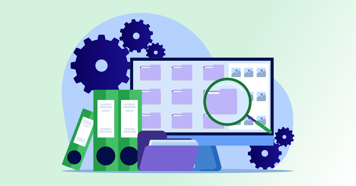 Illustration of folders, a magnifying glass, and binders symbolizing organized data search and tracking